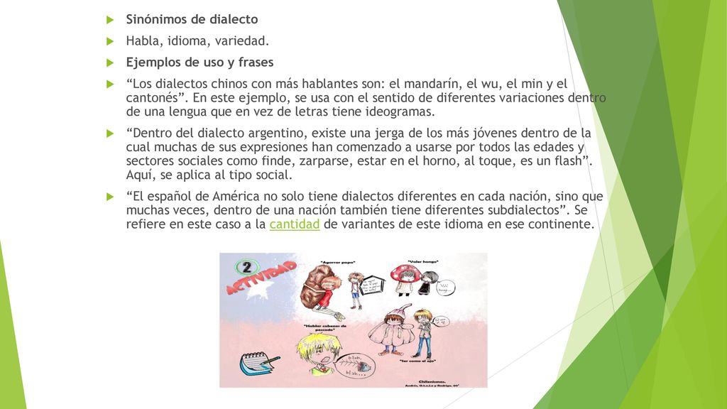 Sinónimos de dialecto Habla, idioma, variedad. Ejemplos de uso y frases.