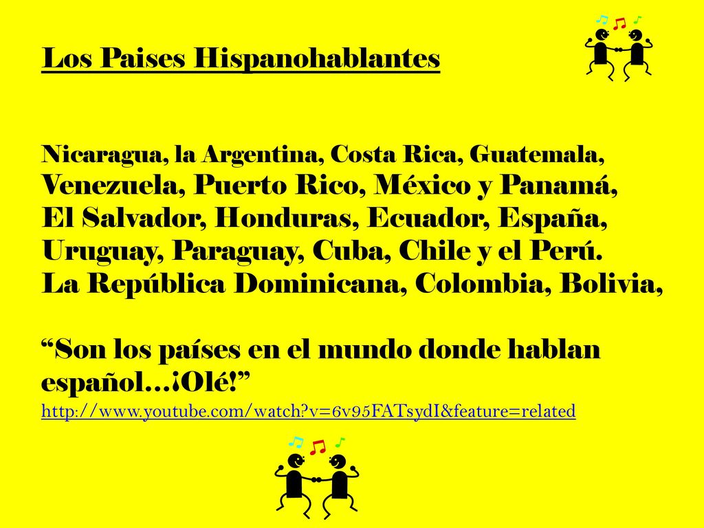 Los Paises Hispanohablantes Nicaragua, la Argentina, Costa Rica, Guatemala, Venezuela, Puerto Rico, México y Panamá, El Salvador, Honduras, Ecuador, España, Uruguay, Paraguay, Cuba, Chile y el Perú.