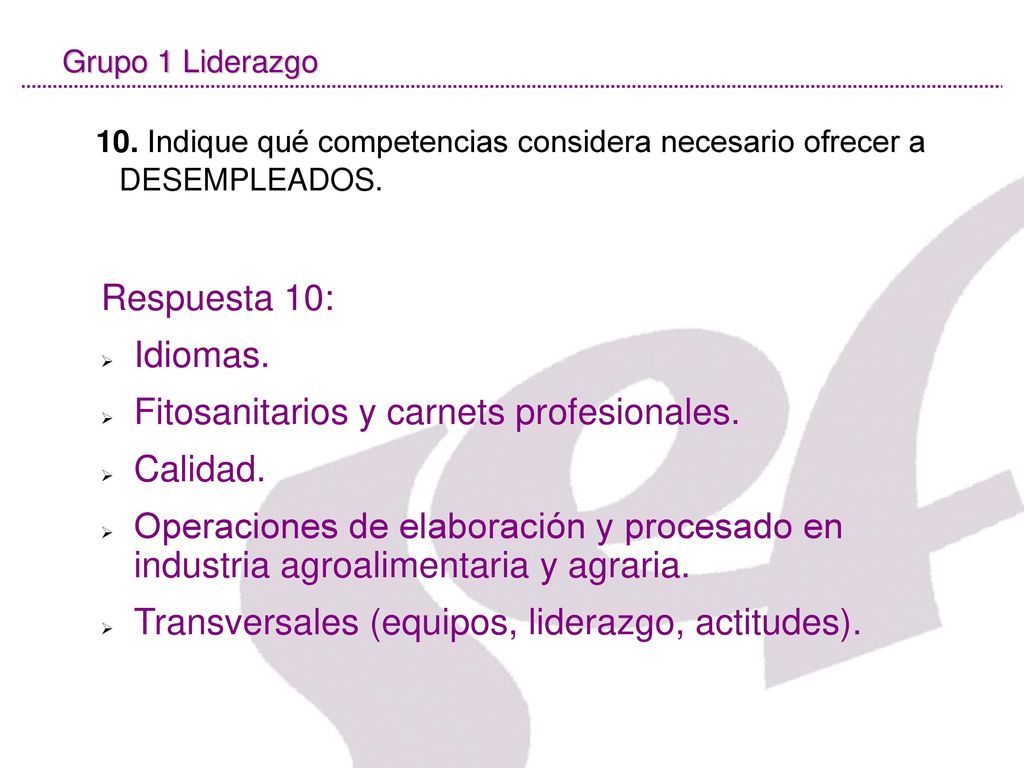 Grupo 1 Liderazgo 10. Indique qué competencias considera necesario ofrecer a DESEMPLEADOS. Respuesta 10: