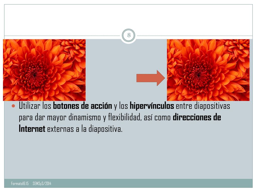 Utilizar los botones de acción y los hipervínculos entre diapositivas para dar mayor dinamismo y flexibilidad, así como direcciones de Internet externas a la diapositiva.