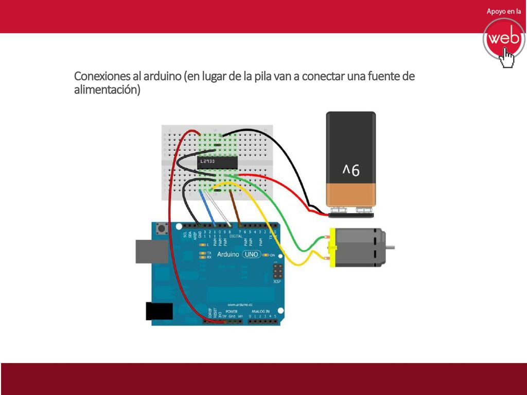 Conexiones al arduino (en lugar de la pila van a conectar una fuente de alimentación)