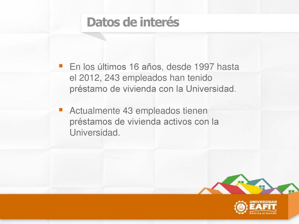 Datos de interés En los últimos 16 años, desde 1997 hasta el 2012, 243 empleados han tenido préstamo de vivienda con la Universidad.