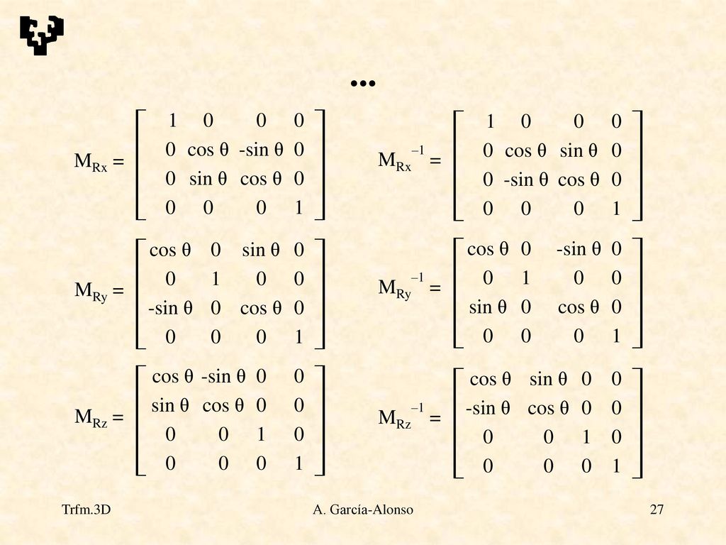 cos θ -sin θ 0 0 sin θ cos θ MRx =