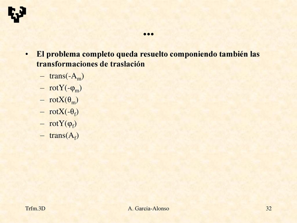... El problema completo queda resuelto componiendo también las transformaciones de traslación. trans(-Am)