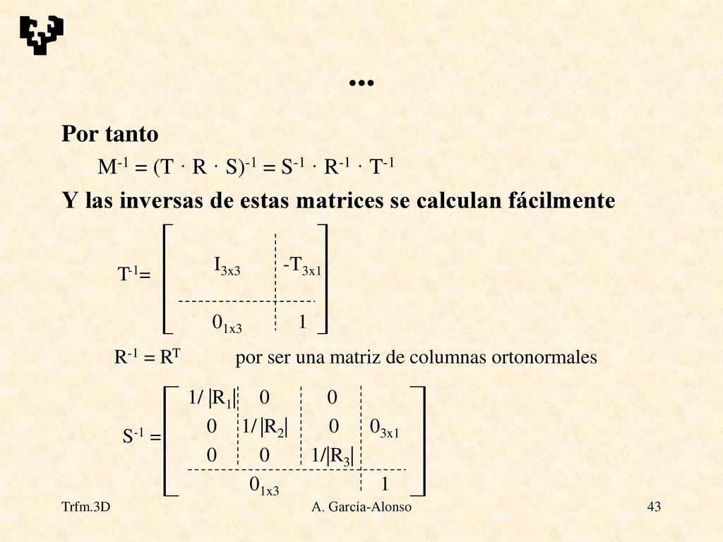 ... Por tanto Y las inversas de estas matrices se calculan fácilmente