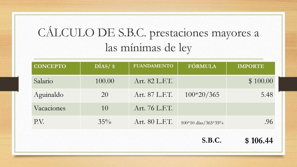 CÁLCULO DE S.B.C. prestaciones mayores a las mínimas de ley