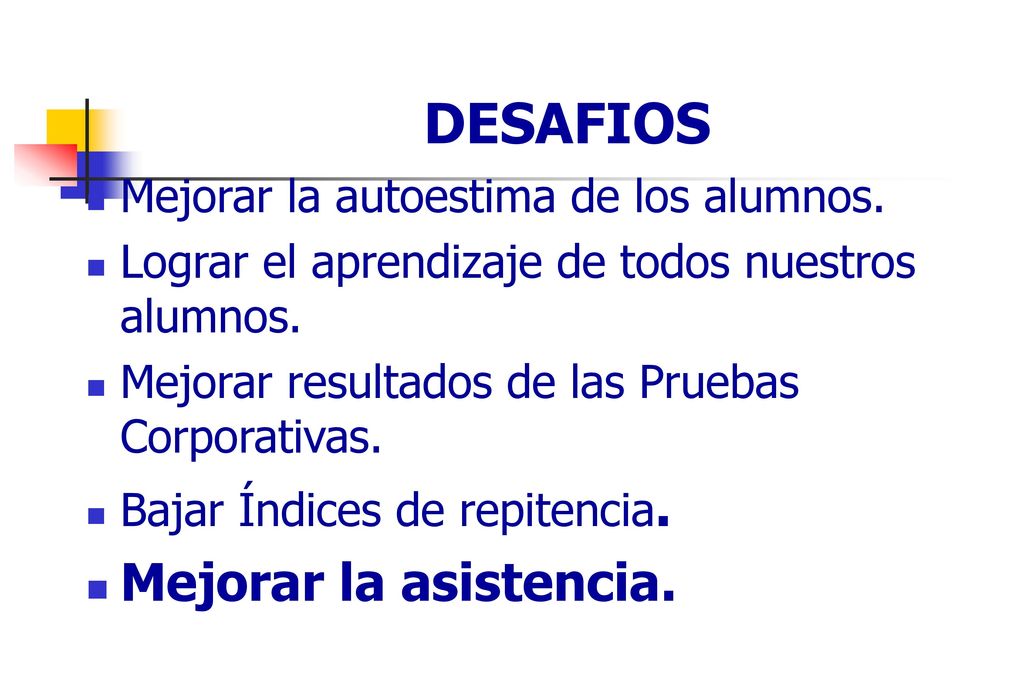 DESAFIOS Mejorar la asistencia. Mejorar la autoestima de los alumnos.