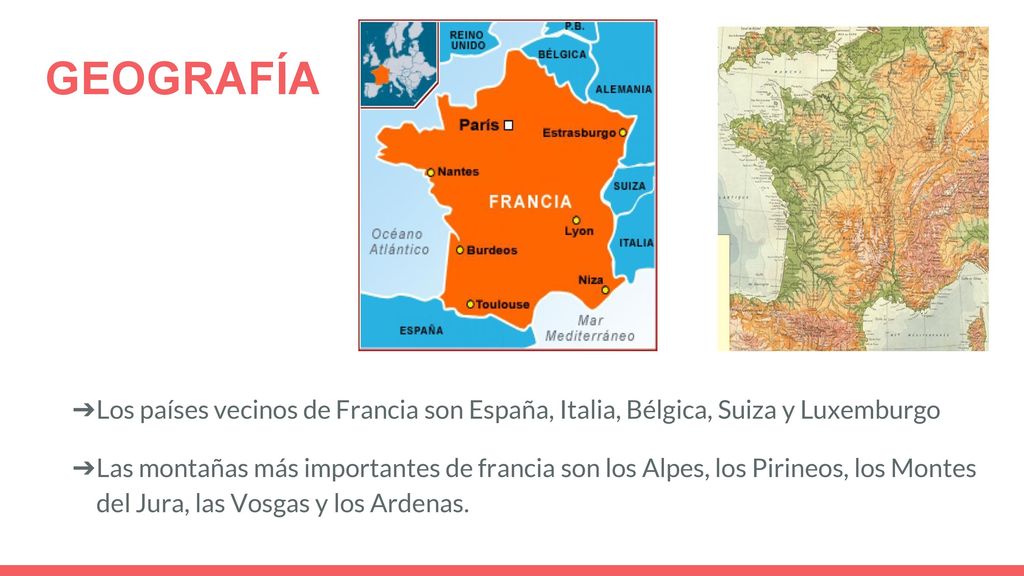 GEOGRAFÍA Los países vecinos de Francia son España, Italia, Bélgica, Suiza y Luxemburgo.