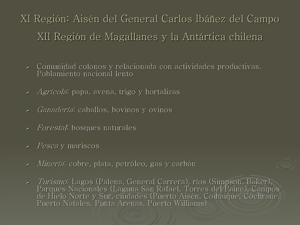 XI Región: Aisén del General Carlos Ibáñez del Campo XII Región de Magallanes y la Antártica chilena