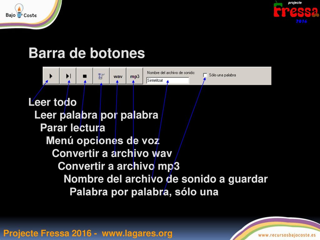 Barra de botones Leer todo Leer palabra por palabra Parar lectura