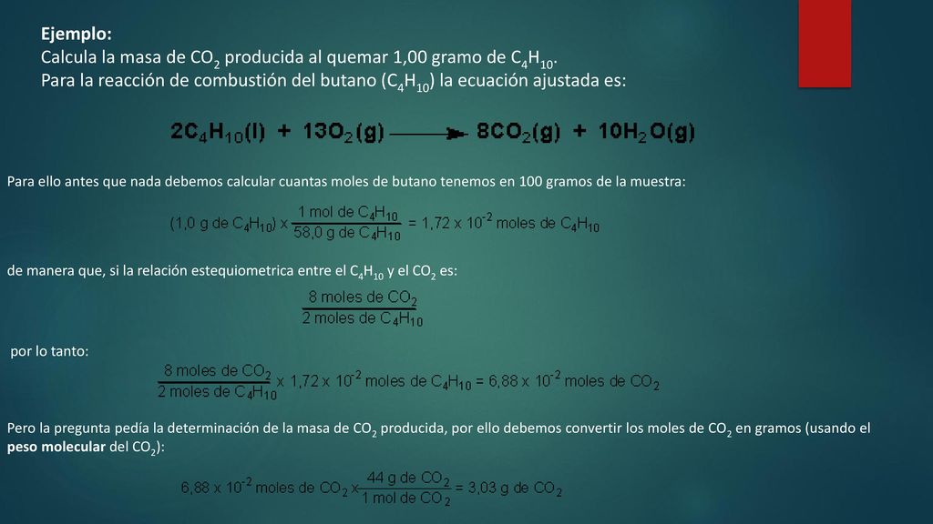 Calcula la masa de CO2 producida al quemar 1,00 gramo de C4H10.