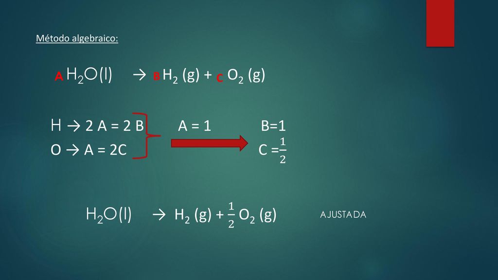 H2O(l) → H2 (g) + O2 (g) H → 2 A = 2 B A = 1 B=1 O → A = 2C C = 1 2