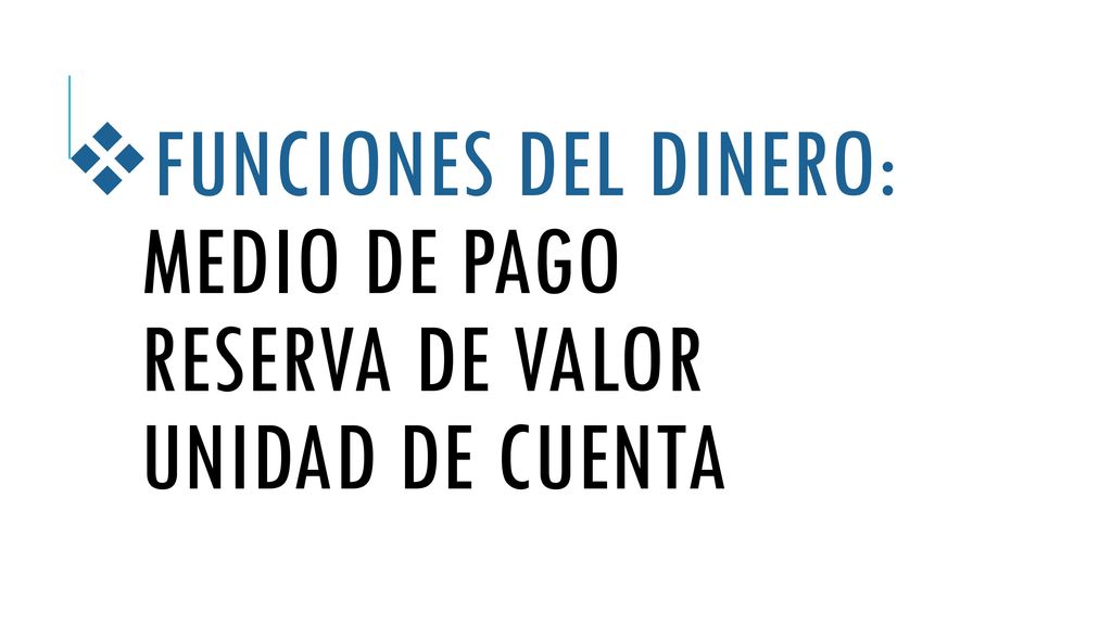 FUNCIONES DEL DINERO: MEDIO DE PAGO RESERVA DE VALOR UNIDAD DE CUENTA