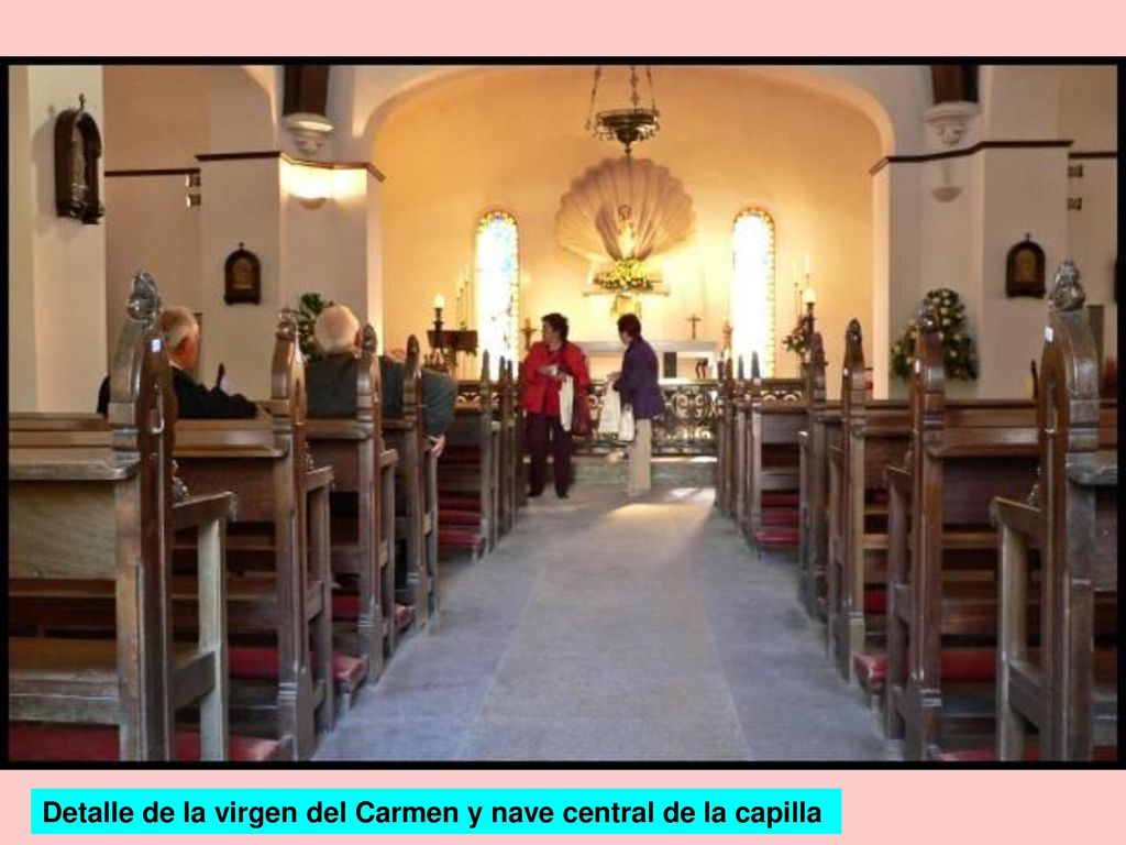 Detalle de la virgen del Carmen y nave central de la capilla