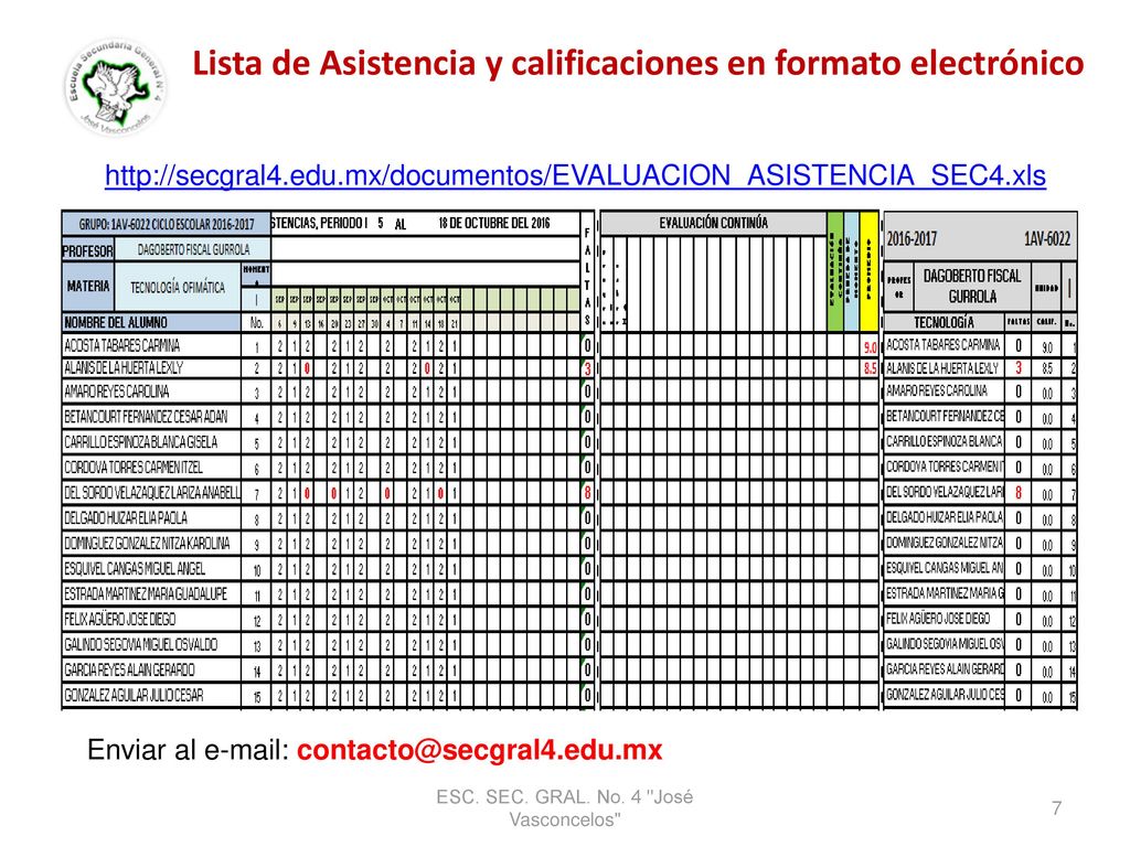 Lista de Asistencia y calificaciones en formato electrónico