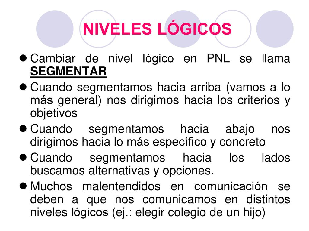NIVELES LÓGICOS Cambiar de nivel lógico en PNL se llama SEGMENTAR