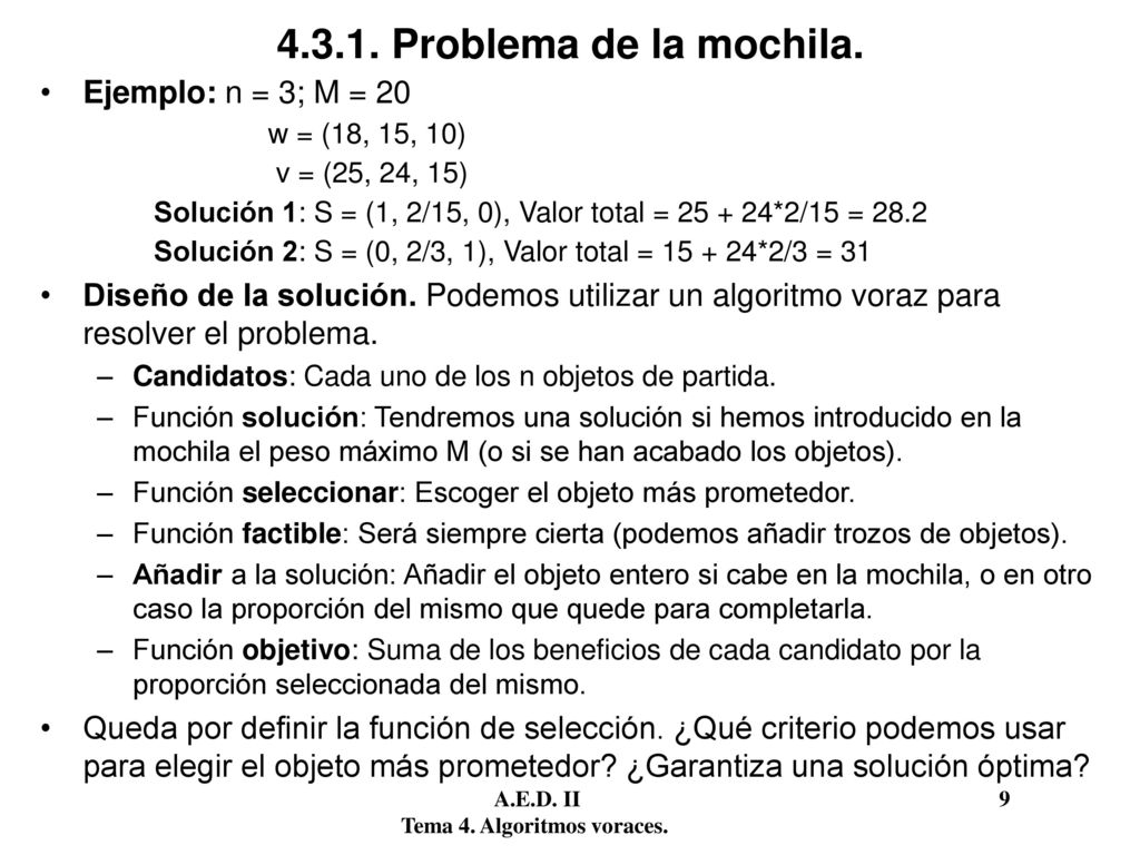 Problema de la mochila. Ejemplo: n = 3; M = 20