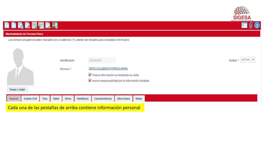 Cada una de las pestañas de arriba contiene información personal