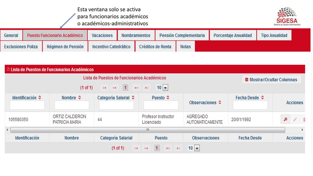Esta ventana solo se activa para funcionarios académicos o académicos-administrativos