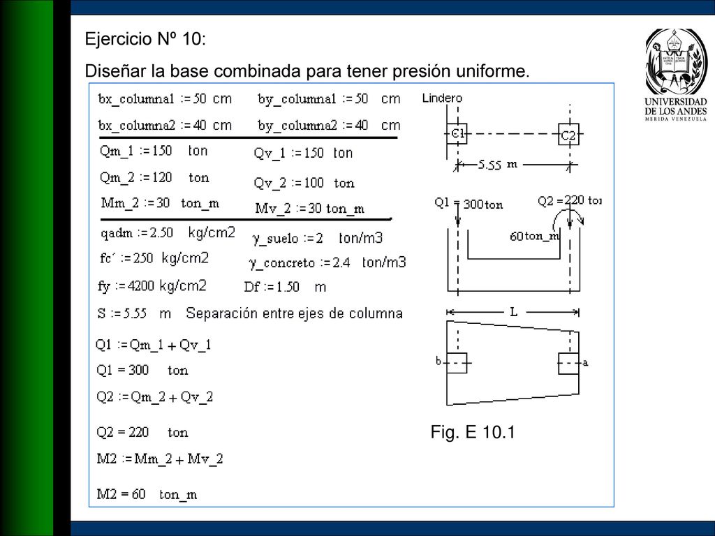 Ejercicio Nº 10: Diseñar la base combinada para tener presión uniforme. Fig. E 10.1