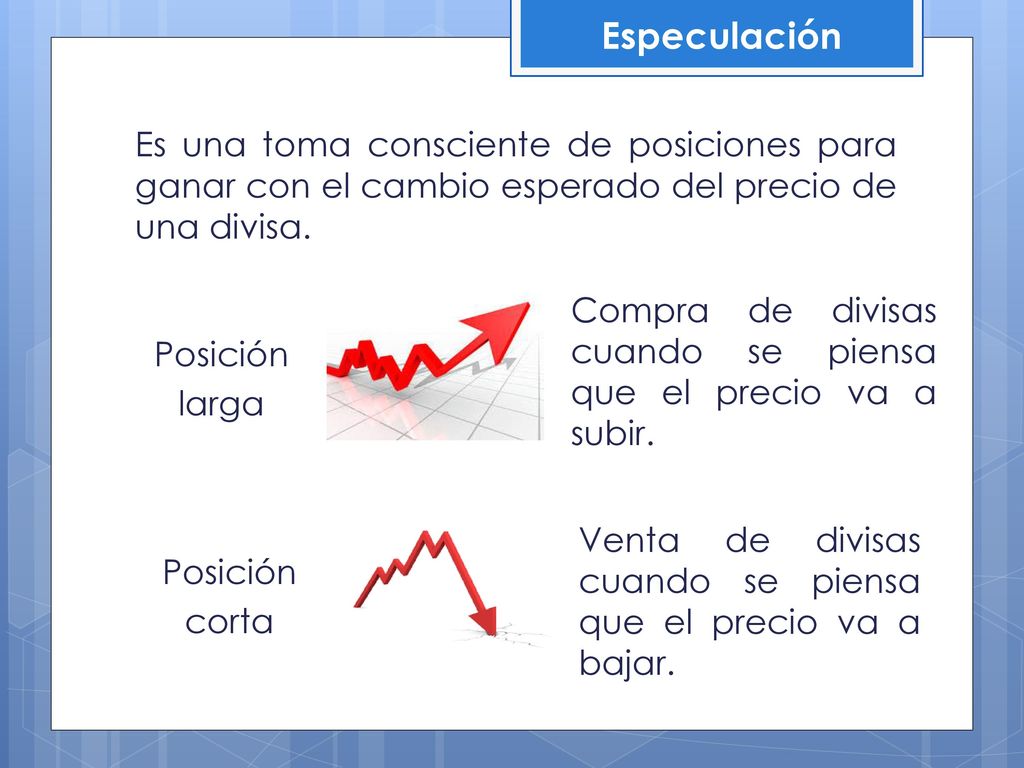 Especulación Es una toma consciente de posiciones para ganar con el cambio esperado del precio de una divisa.