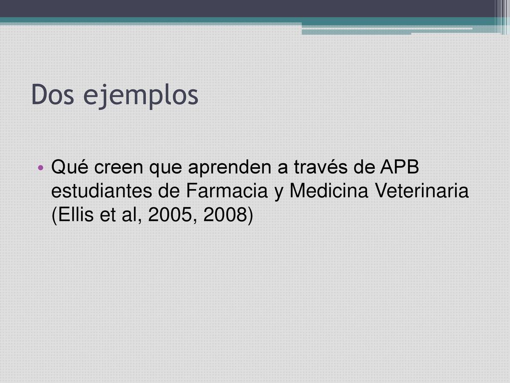 Dos ejemplos Qué creen que aprenden a través de APB estudiantes de Farmacia y Medicina Veterinaria (Ellis et al, 2005, 2008)
