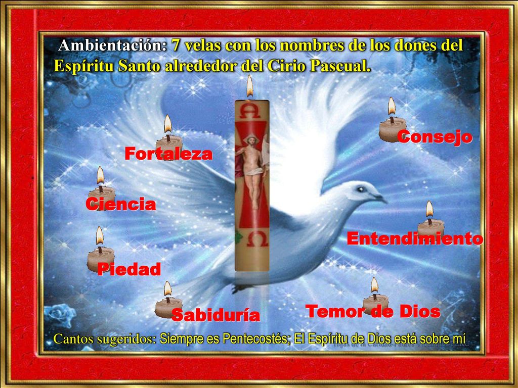Ambientación: 7 velas con los nombres de los dones del Espíritu Santo alrededor del Cirio Pascual.