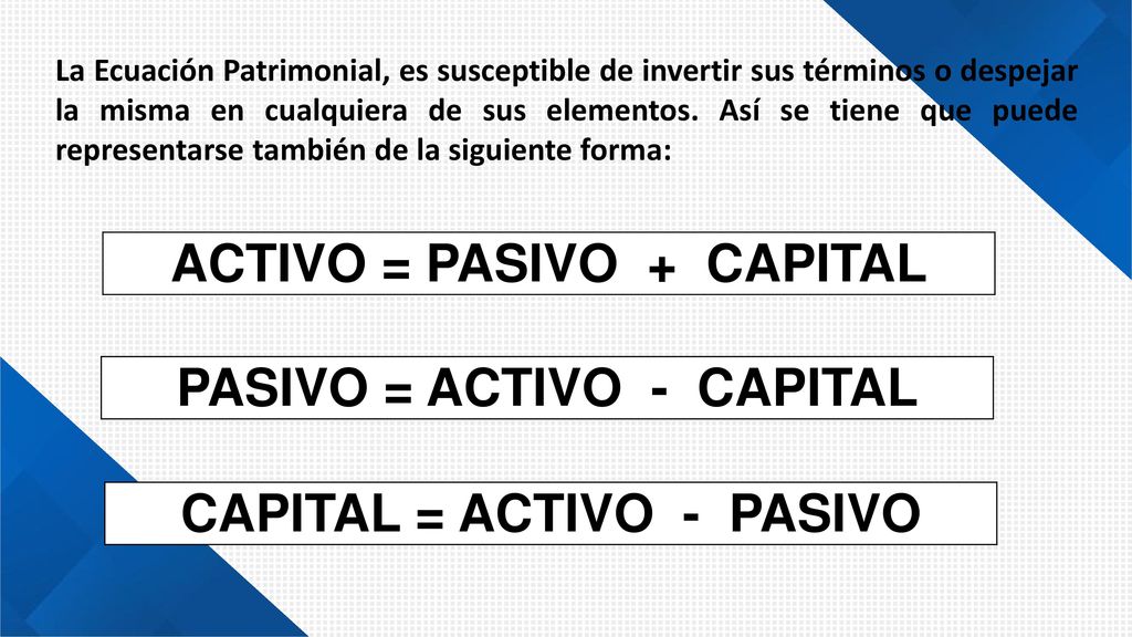 ACTIVO = PASIVO + CAPITAL PASIVO = ACTIVO - CAPITAL