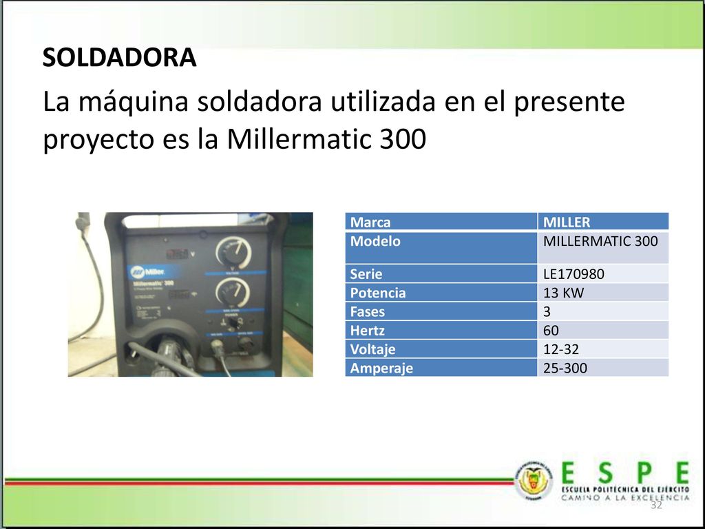 SOLDADORA La máquina soldadora utilizada en el presente proyecto es la Millermatic 300. Marca. MILLER.