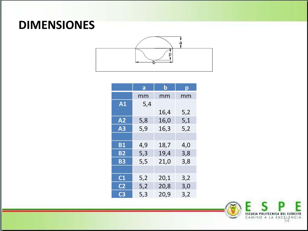 DIMENSIONES a b p mm A1 5,4 16,4 5,2 A2 5,8 16,0 5,1 A3 5,9 16,3 B1