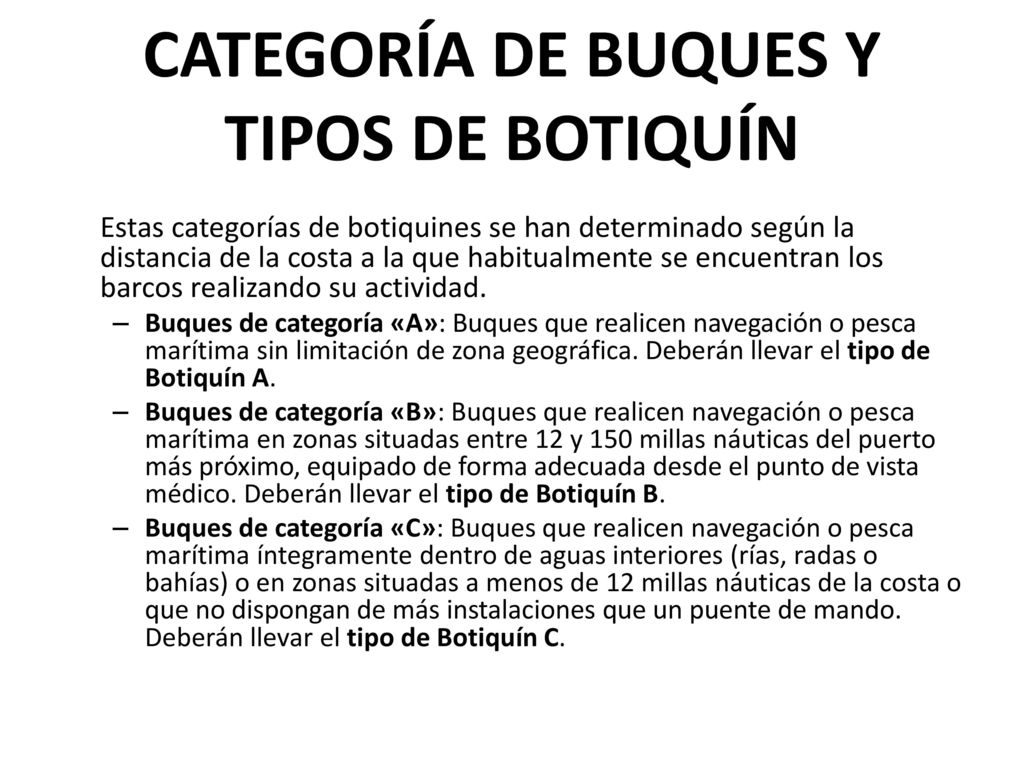 CATEGORÍA DE BUQUES Y TIPOS DE BOTIQUÍN