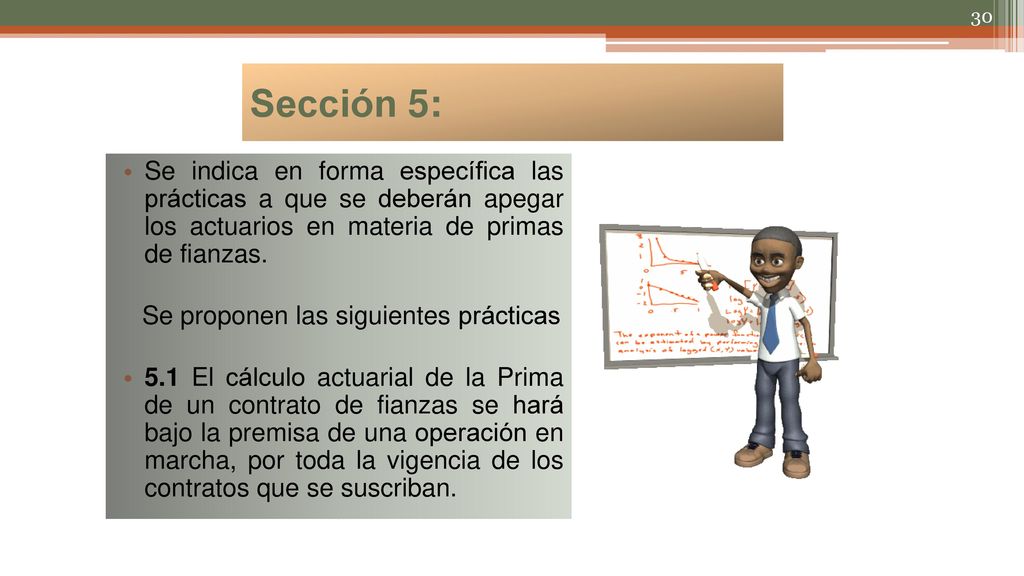 Sección 5: Se indica en forma específica las prácticas a que se deberán apegar los actuarios en materia de primas de fianzas.