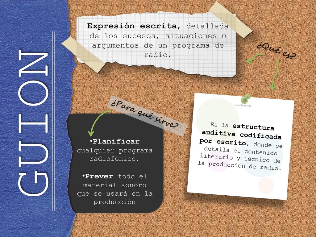 Expresión escrita, detallada de los sucesos, situaciones o argumentos de un programa de radio.