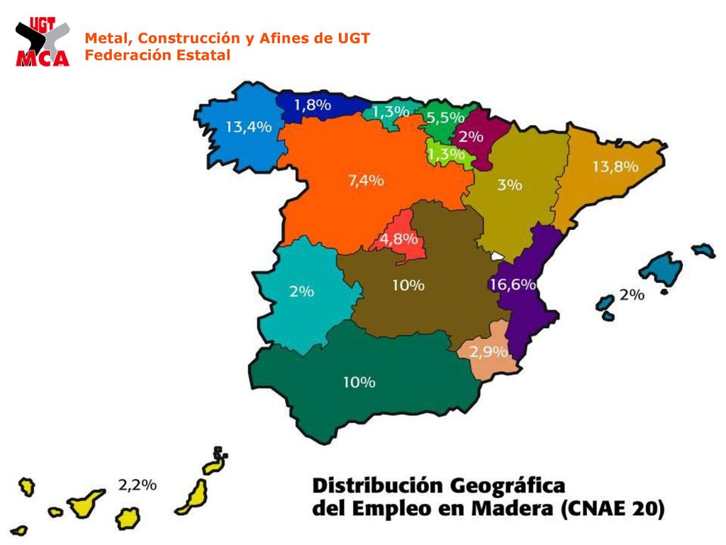 GALICIA 13,4% El análisis de la distribución del EMPLEO en las ACTIVIDADES DE MADERA (considerando solamente el CNAE 20) refleja que: