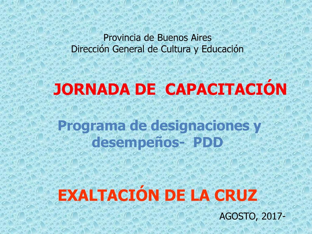 Provincia de Buenos Aires Dirección General de Cultura y Educación JORNADA DE CAPACITACIÓN Programa de designaciones y desempeños- PDD EXALTACIÓN DE LA CRUZ AGOSTO, 2017-