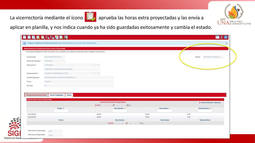 La vicerrectoría mediante el ícono aprueba las horas extra proyectadas y las envía a aplicar en planilla, y nos indica cuando ya ha sido guardadas exitosamente y cambia el estado.