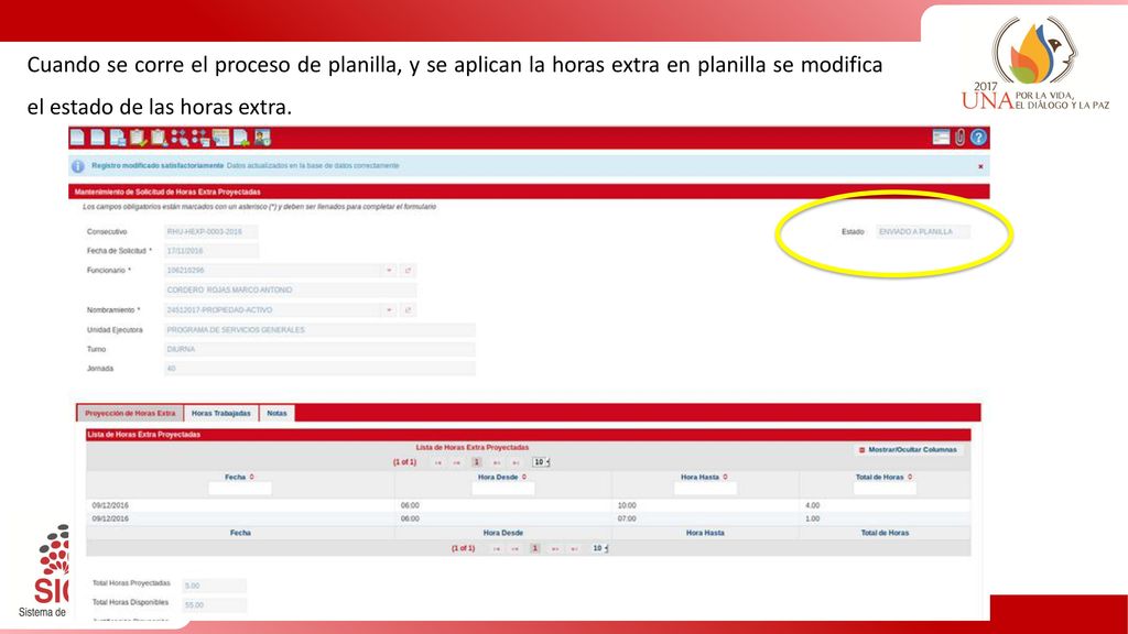 Cuando se corre el proceso de planilla, y se aplican la horas extra en planilla se modifica el estado de las horas extra.