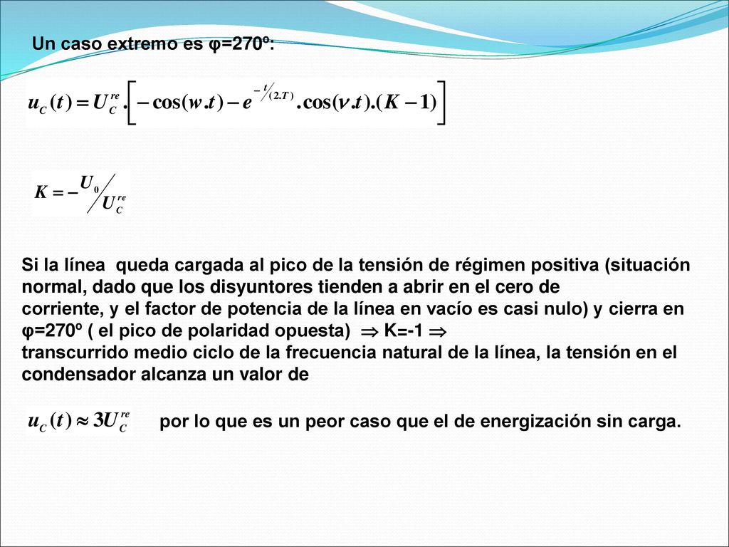 Un caso extremo es φ=270º: Si la línea queda cargada al pico de la tensión de régimen positiva (situación.