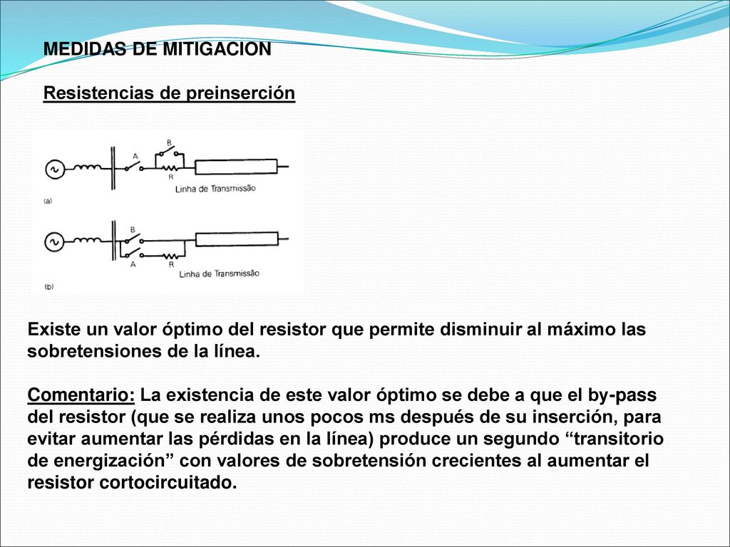 MEDIDAS DE MITIGACION Resistencias de preinserción. Existe un valor óptimo del resistor que permite disminuir al máximo las.