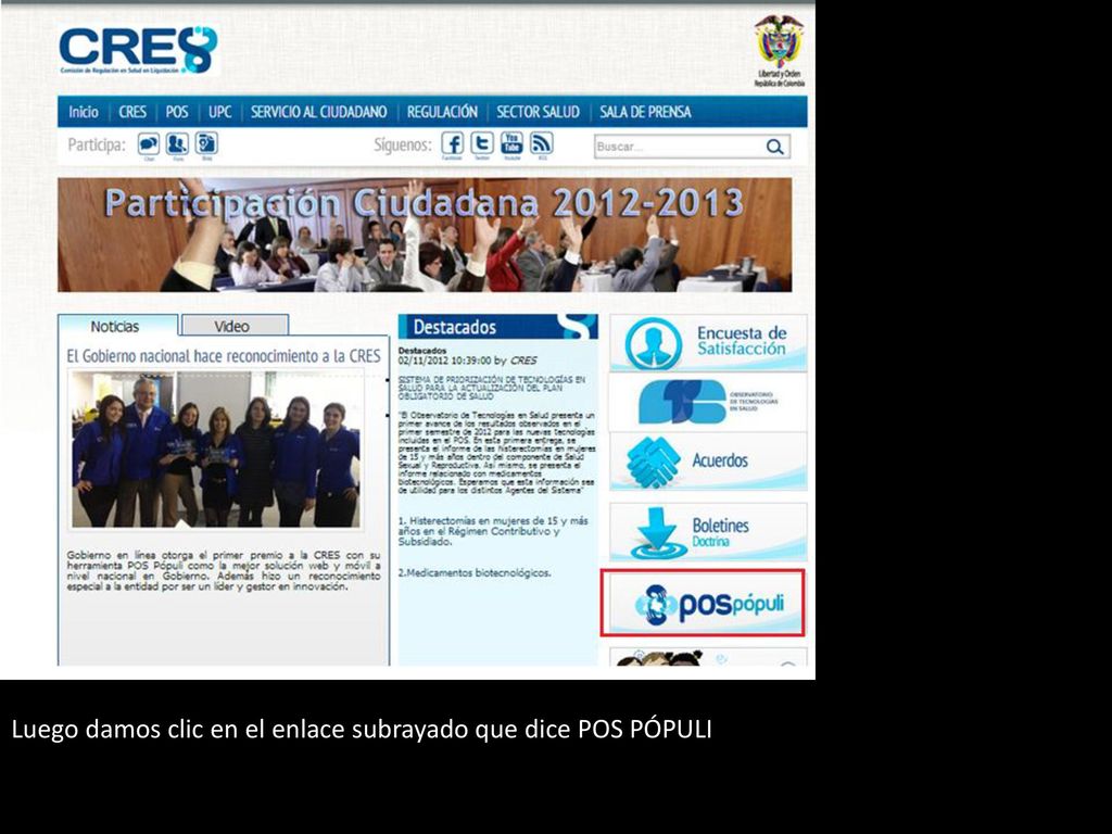 Luego damos clic en el enlace subrayado que dice POS PÓPULI