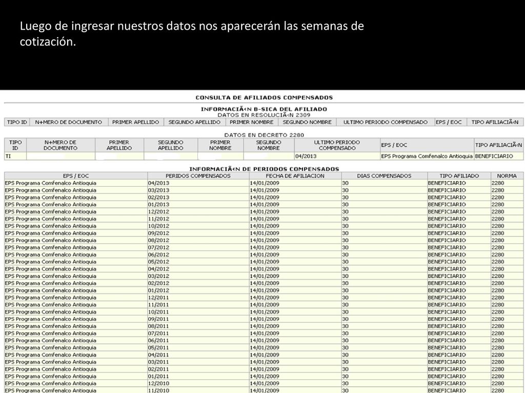 Luego de ingresar nuestros datos nos aparecerán las semanas de cotización.
