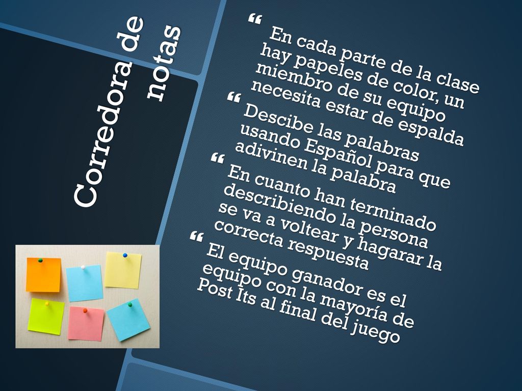 En cada parte de la clase hay papeles de color, un miembro de su equipo necesita estar de espalda