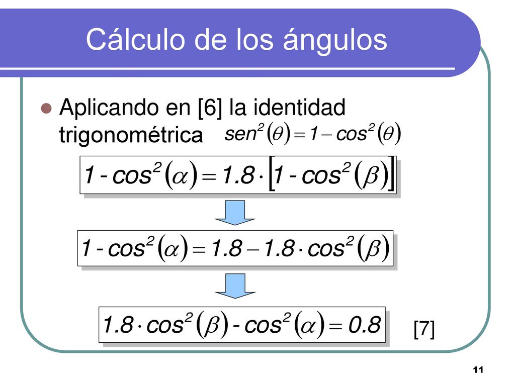 Cálculo de los ángulos Aplicando en [6] la identidad trigonométrica