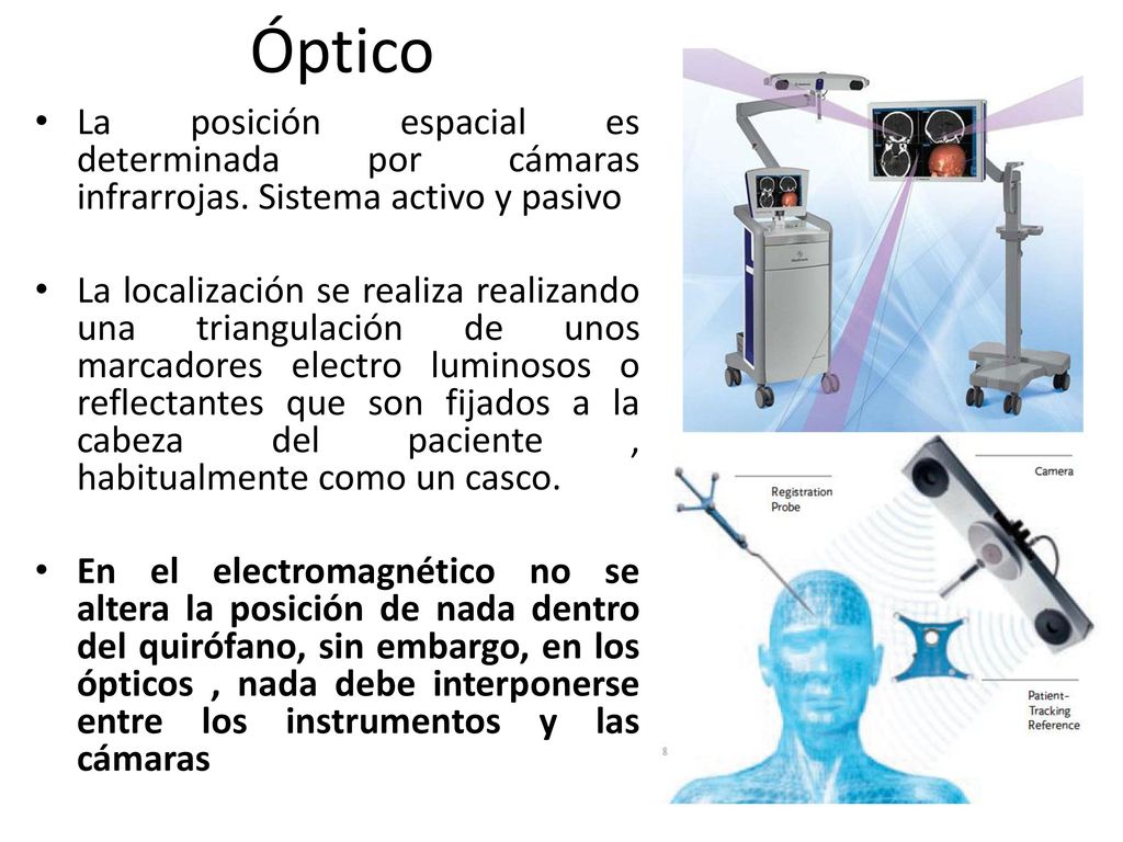 Óptico La posición espacial es determinada por cámaras infrarrojas. Sistema activo y pasivo.