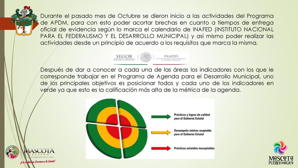 Durante el pasado mes de Octubre se dieron inicio a las actividades del Programa de APDM, para con esto poder acortar brechas en cuanto a tiempos de entrega oficial de evidencia según lo marca el calendario de INAFED (INSTITUTO NACIONAL PARA EL FEDERALISMO Y EL DESARROLLO MUNICIPAL) y así mismo poder realizar las actividades desde un principio de acuerdo a los requisitos que marca la misma.