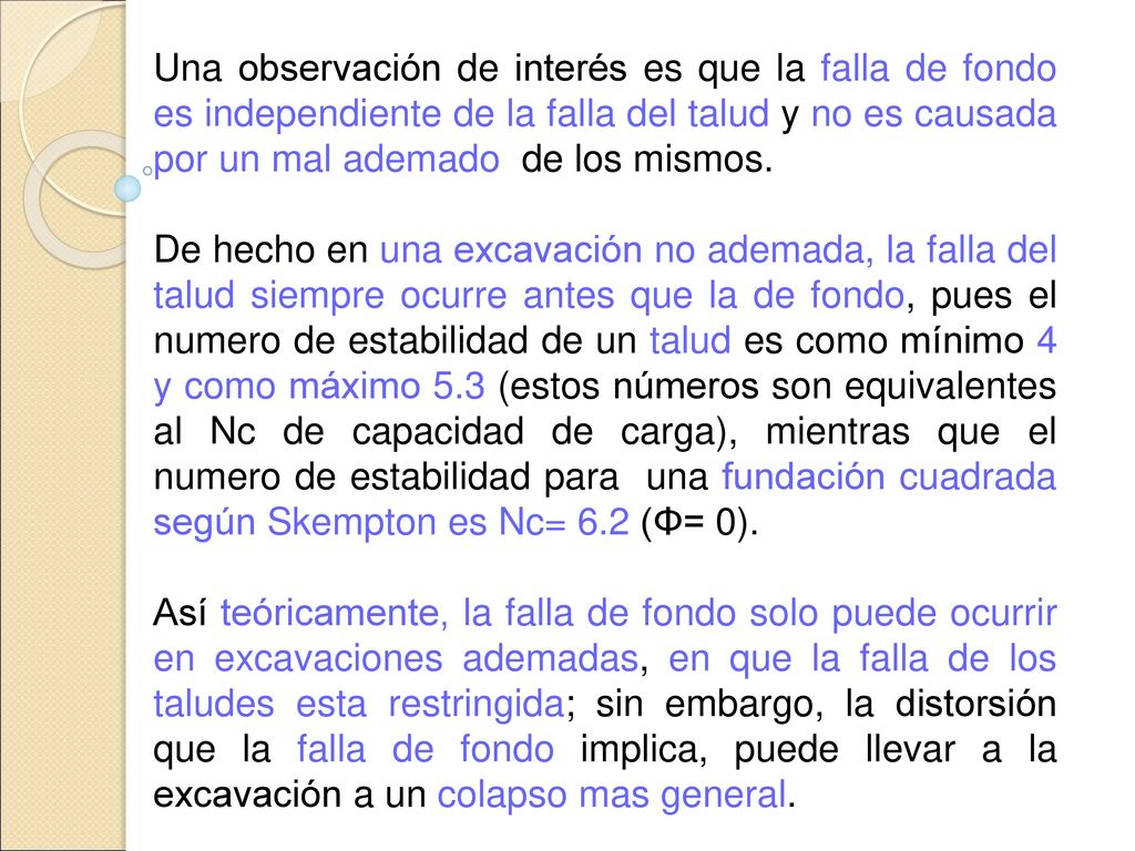 Una observación de interés es que la falla de fondo es independiente de la falla del talud y no es causada por un mal ademado de los mismos.