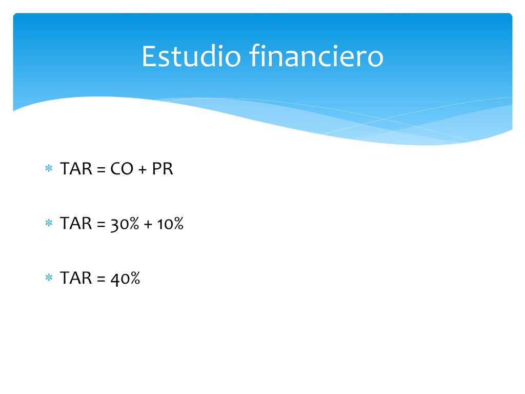 Estudio financiero TAR = CO + PR TAR = 30% + 10% TAR = 40%