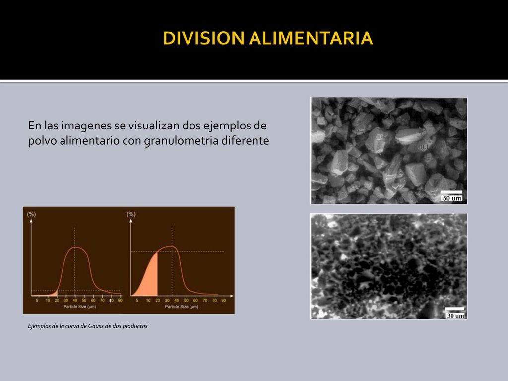 DIVISION ALIMENTARIA En las imagenes se visualizan dos ejemplos de polvo alimentario con granulometria diferente.