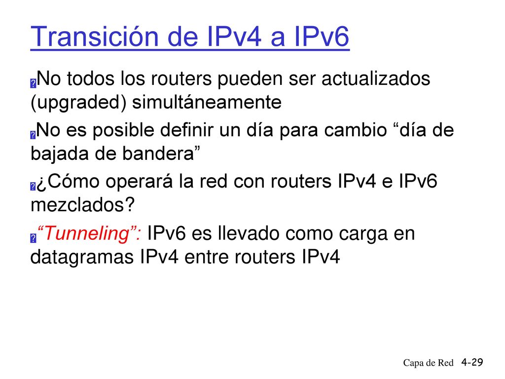 Transición de IPv4 a IPv6 No todos los routers pueden ser actualizados (upgraded) simultáneamente.