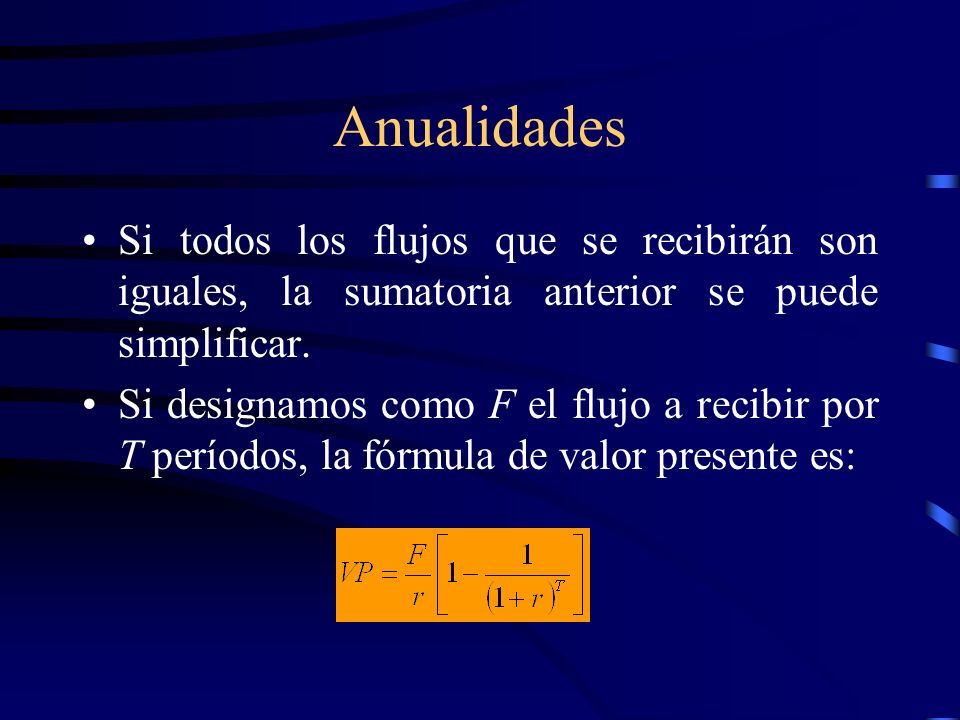 Anualidades Si todos los flujos que se recibirán son iguales, la sumatoria anterior se puede simplificar.